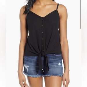 Black spaghetti strap tank top with buttons and tie at the bottom